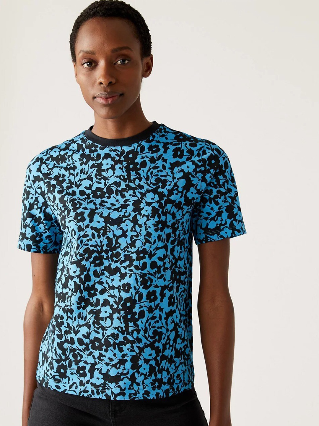 

Marks & Spencer Floral Printed Pure Cotton T-shirt, Blue