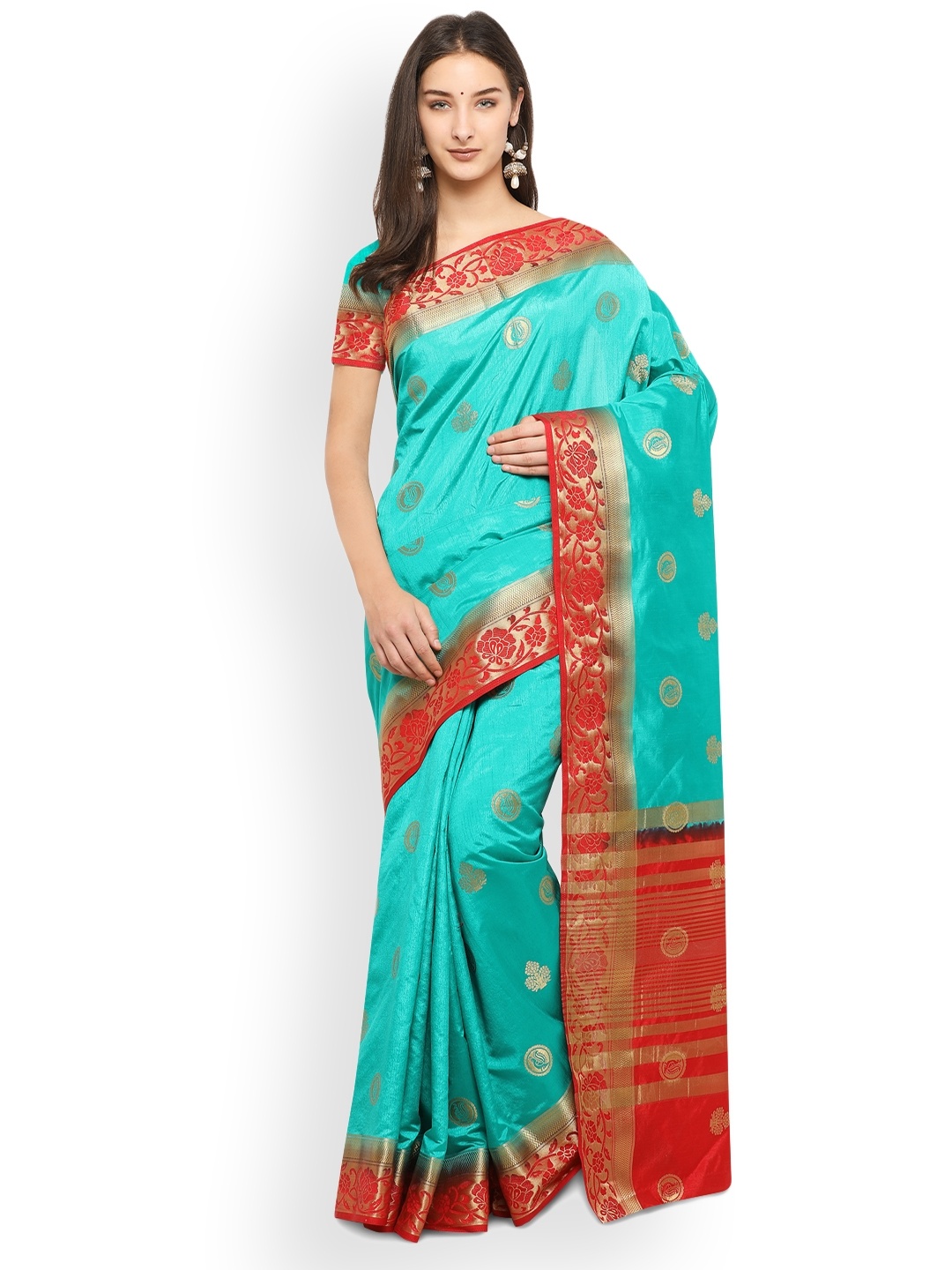 

Saree mall Sea Green & Red Silk Blend Woven Design Banarasi Saree