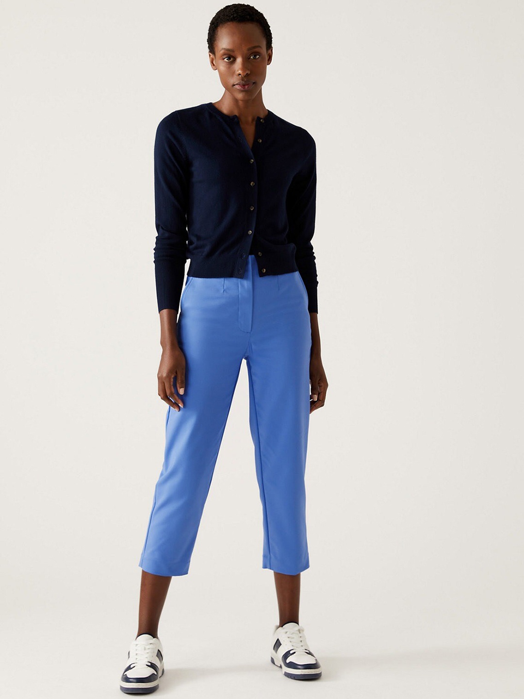 

Marks & Spencer Women Slim Fit High-Rise Cropped Trousers, Blue
