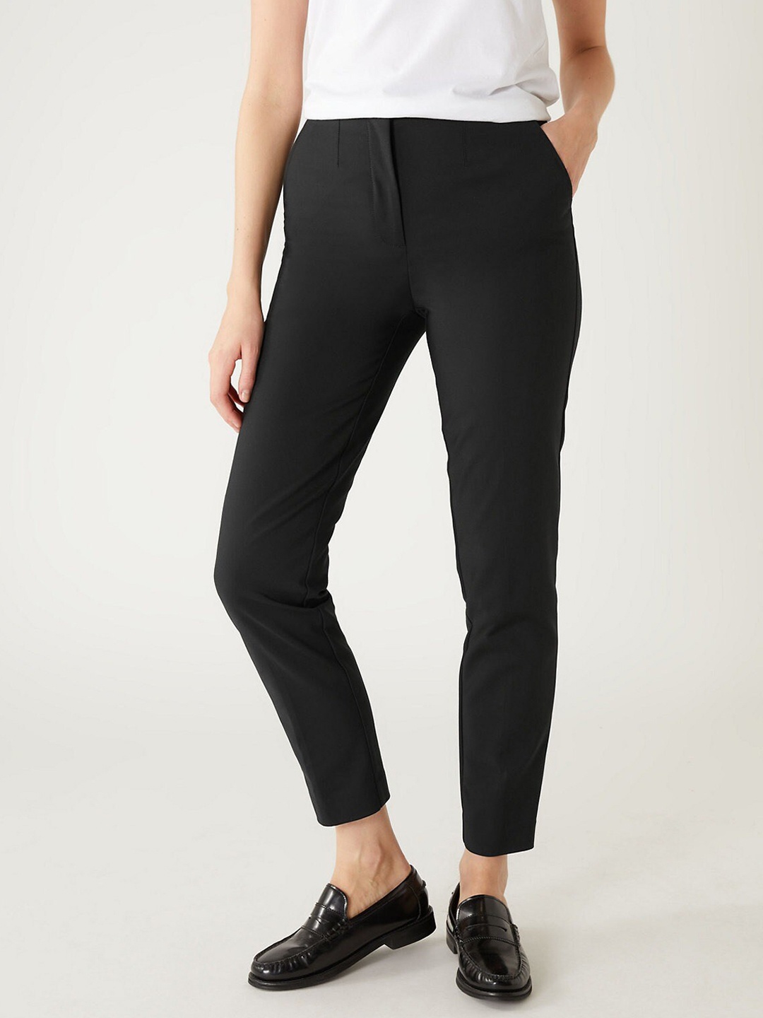 

Marks & Spencer Women Slim Fit High-Rise Cotton Cropped Culottes Trousers, Black