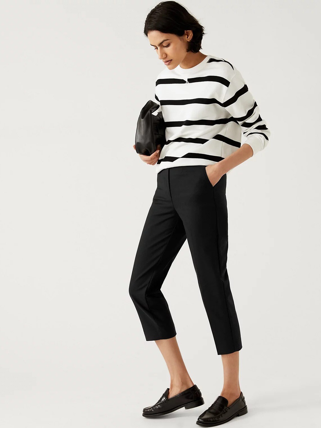 

Marks & Spencer Women Slim Fit High-Rise Cotton Cropped Trousers, Black
