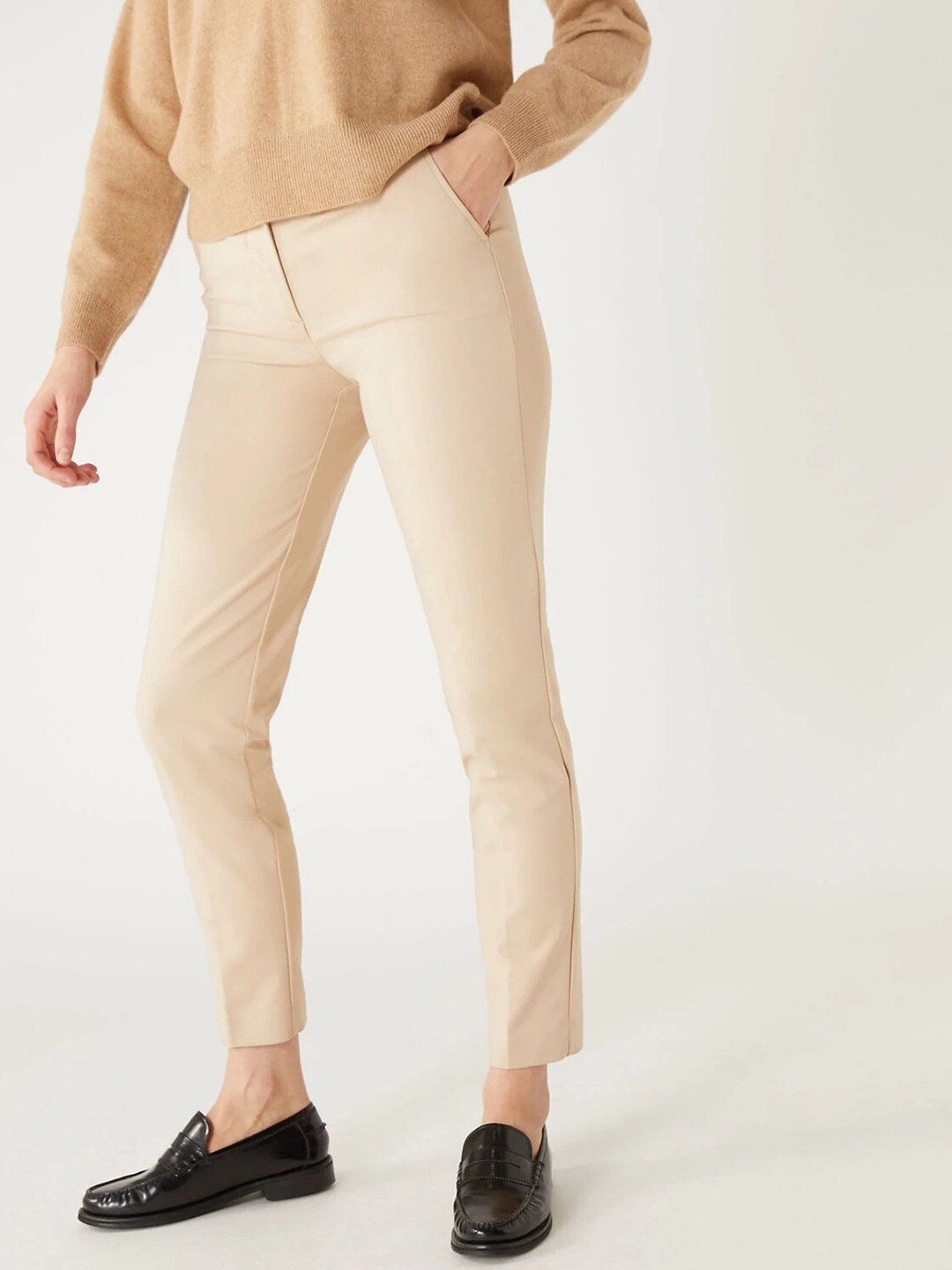 

Marks & Spencer Women Slim Fit High-Rise Cotton Regular Trousers, Beige