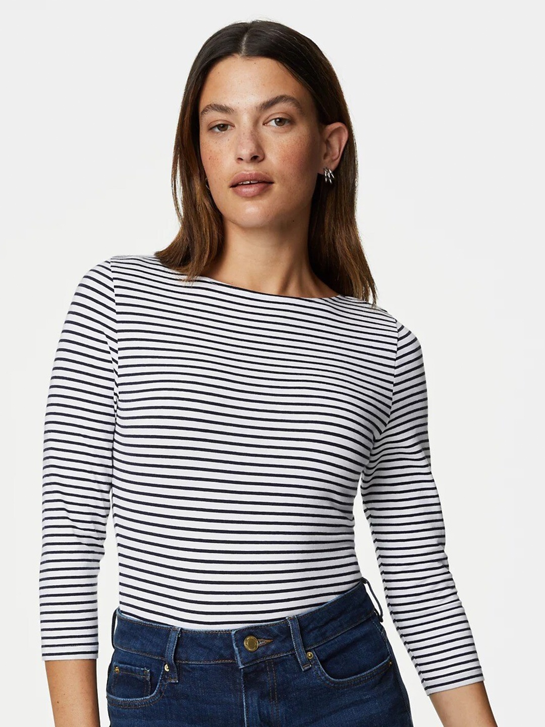 

Marks & Spencer Striped Boat Neck Cotton Regular Top, Navy blue