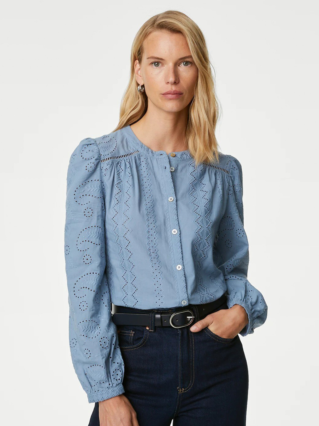 

Marks & Spencer Self Design Round Neck Cuffed Sleeves Cotton Shirt Style Top, Grey