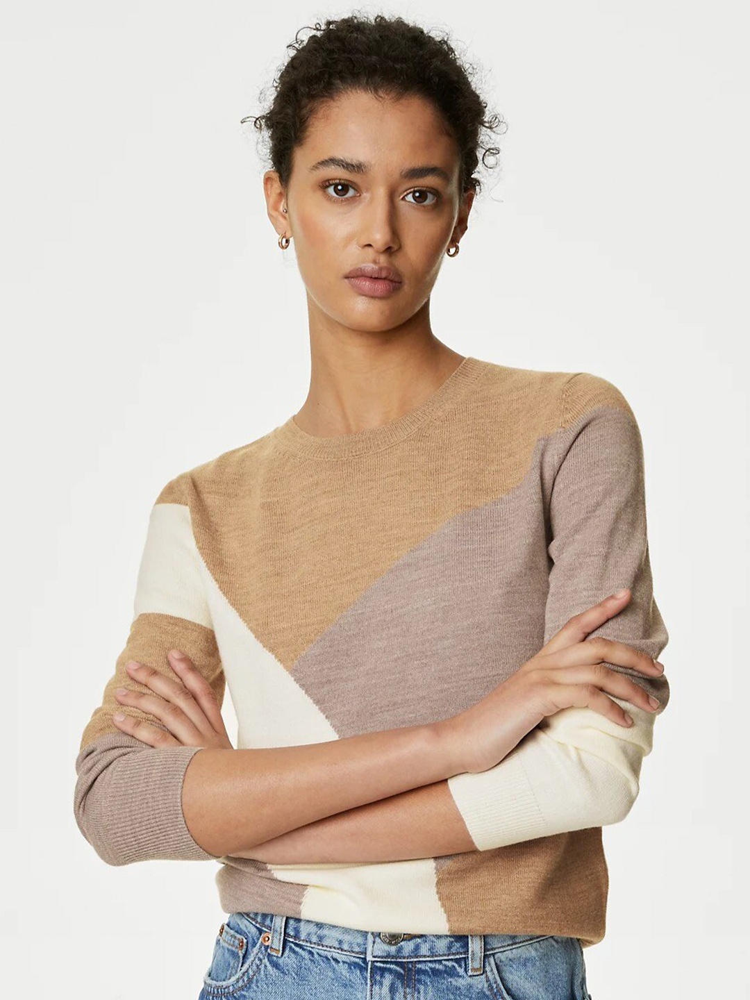 

Marks & Spencer Colourblocked Round Neck Pullover Sweaters, Beige