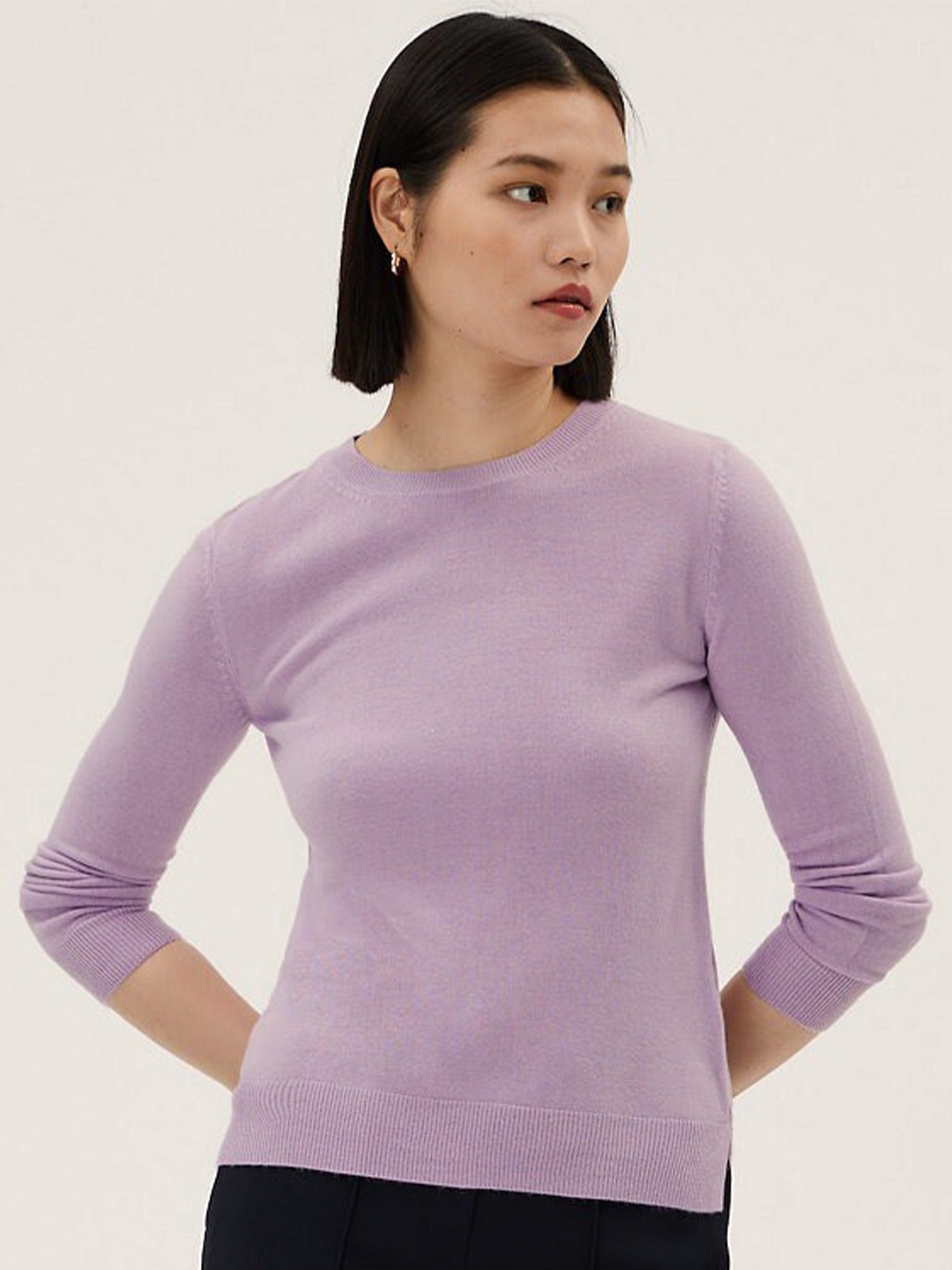 

Marks & Spencer Round Neck Ribbed Pullover Sweaters, Purple
