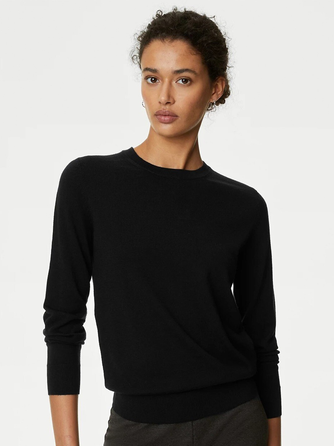 

Marks & Spencer Round Neck Wool Pullover Sweaters, Black