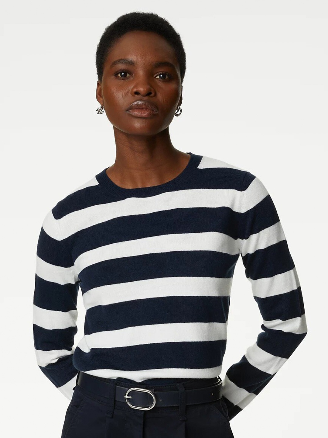 

Marks & Spencer Striped Long Sleeves Pullover Sweaters, Navy blue