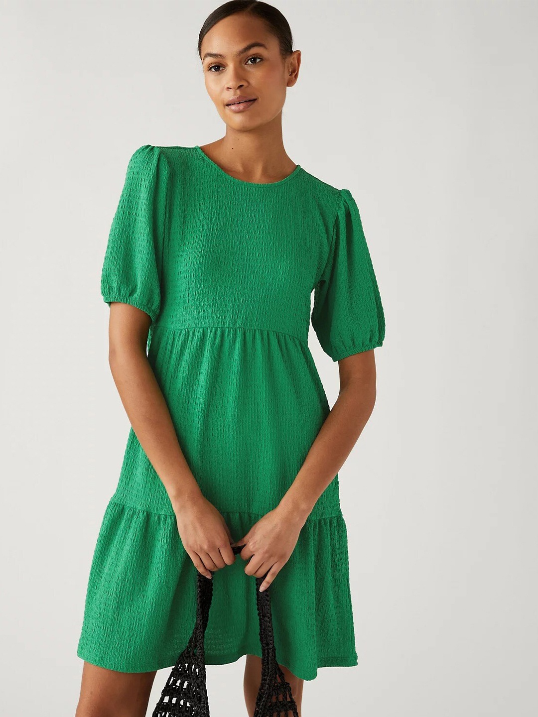 

Marks & Spencer Self Design Puff Sleeves Fit & Flare Dress, Green