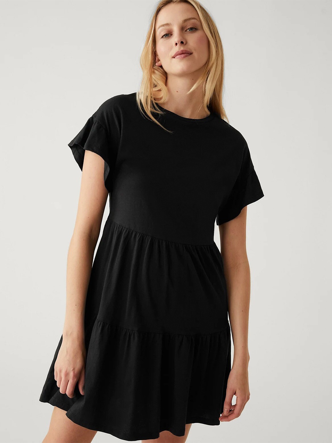 

Marks & Spencer Flared Sleeves Pure Cotton Tiered Fit & Flare Dress, Black
