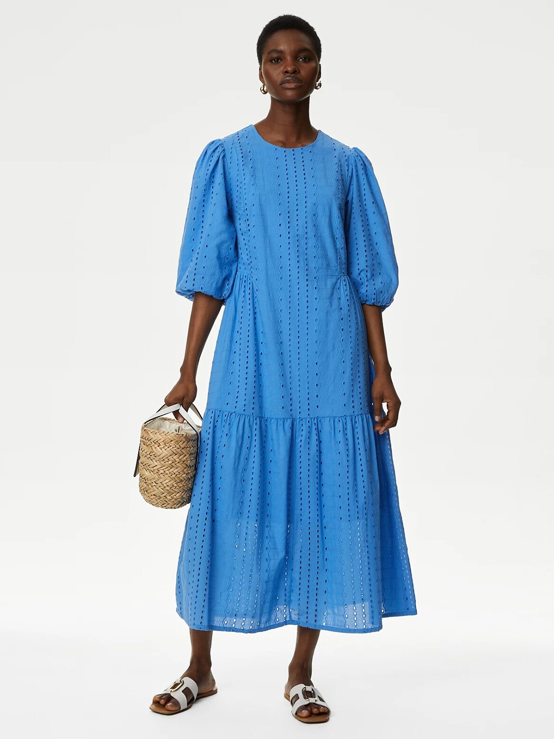 

Marks & Spencer Self Design Puff Sleeves Pure Cotton Tiered Midi A-Line Dress, Blue