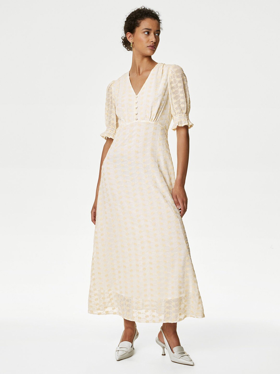 

Marks & Spencer V-Neck Puff Sleeves Maxi Dress, Off white