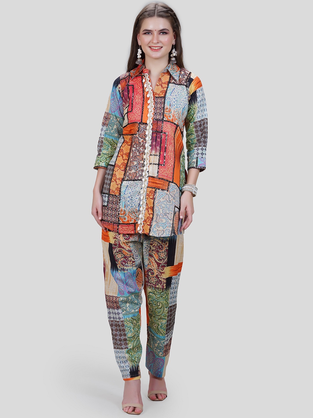

MEHNAM Beads and Stones Pure Cotton Kurti with Trousers, Red