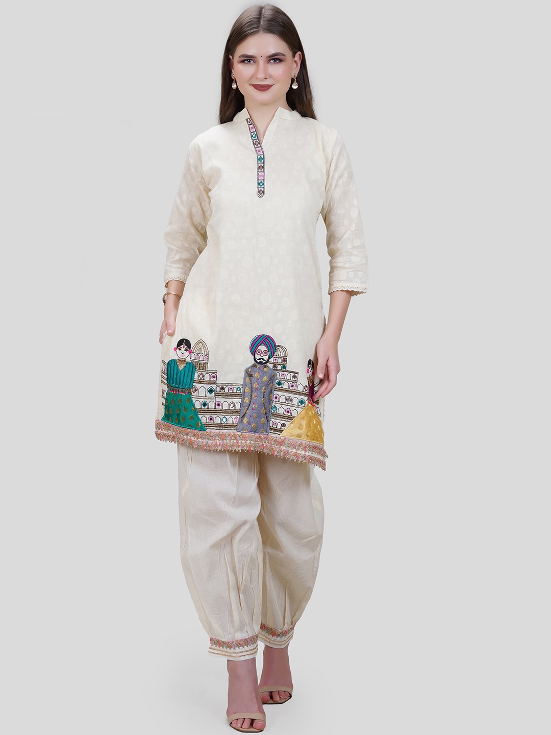 

MEHNAM Ethnic Motifs Embroidered Pure Cotton Regular Kurta with Harem Pants, White