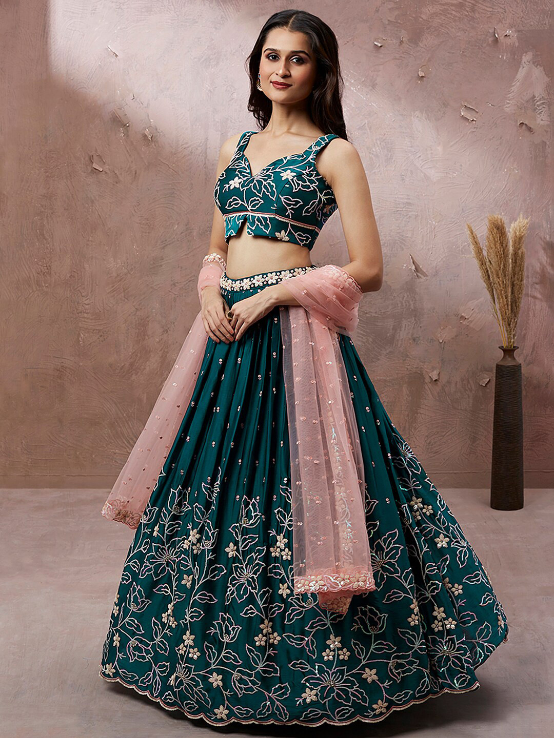 

panchhi Embroidered Georgette Semi-Stitched Lehenga & Unstitched Blouse With Dupatta, Teal