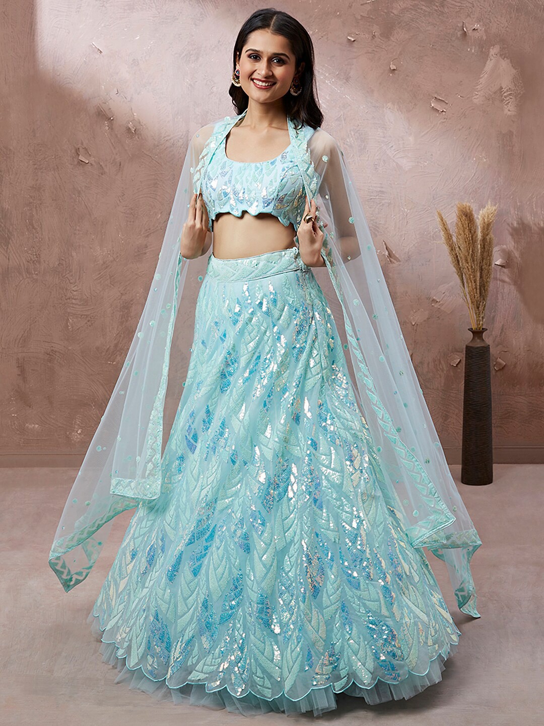 

panchhi Embroidered Sequinned Semi-Stitched Lehenga & Unstitched Blouse With Dupatta, Blue