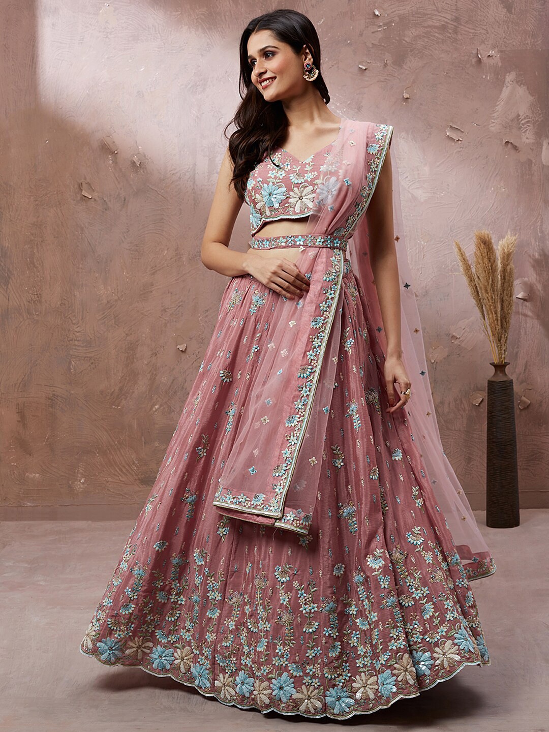 

panchhi Floral Embroidered Georgette Semi-Stitched Lehenga & Unstitched Blouse & Dupatta, Pink