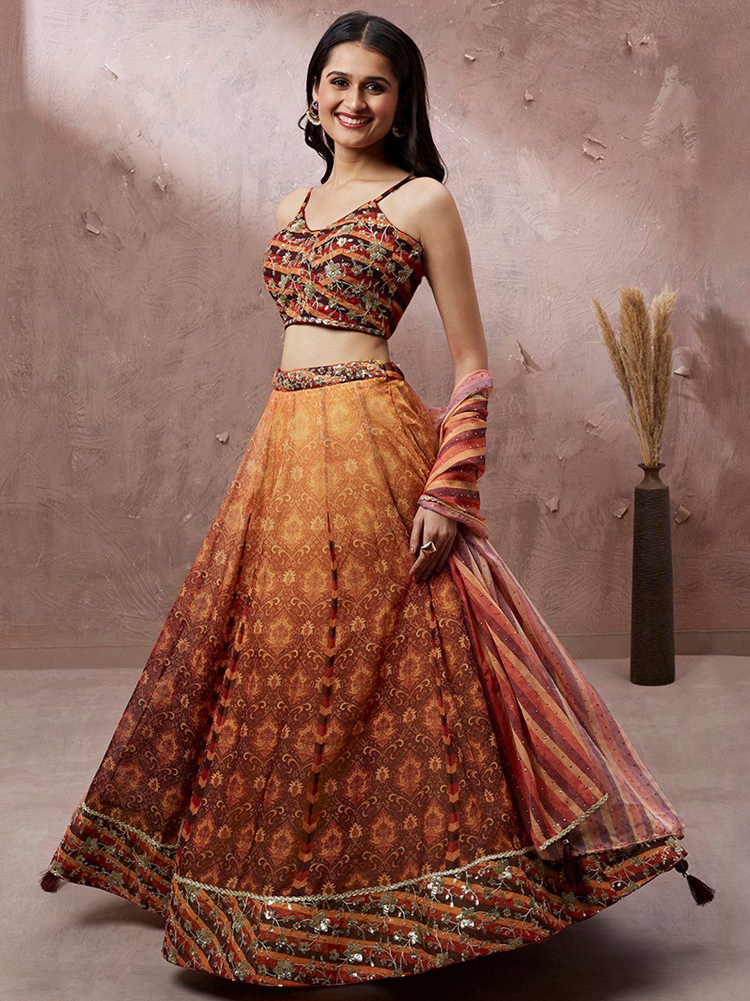 

panchhi Embroidered Organza Semi-Stitched Lehenga & Unstitched Blouse With Dupatta, Brown