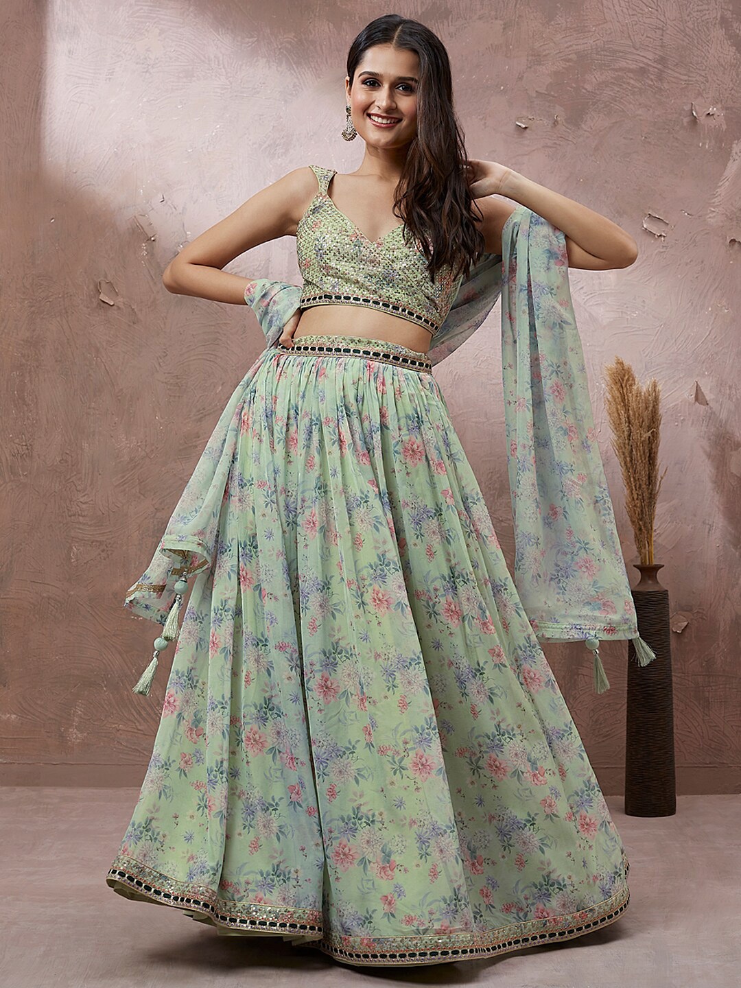 

panchhi Floral Embroidered Semi-Stitched Organza Lehenga & Unstitched Blouse With Dupatta, Lime green
