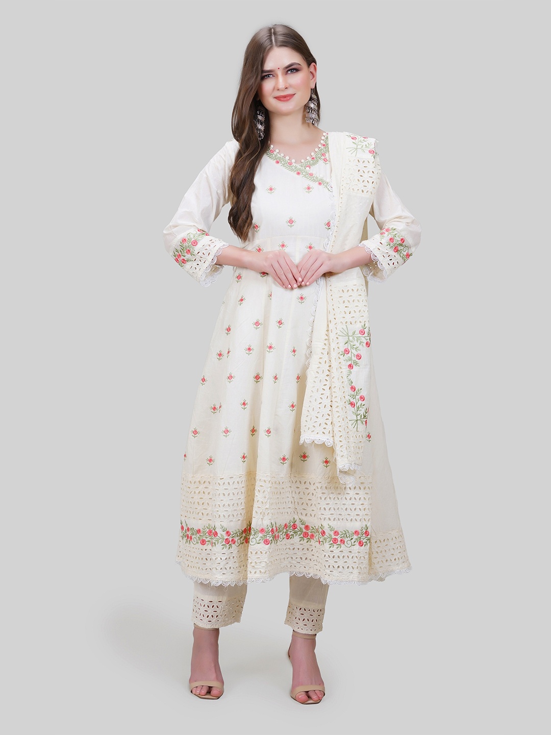 

MEHNAM Floral Embroidered Cambric Cotton Shiffli Angrakha Kurta With Trousers & Dupatta, Off white