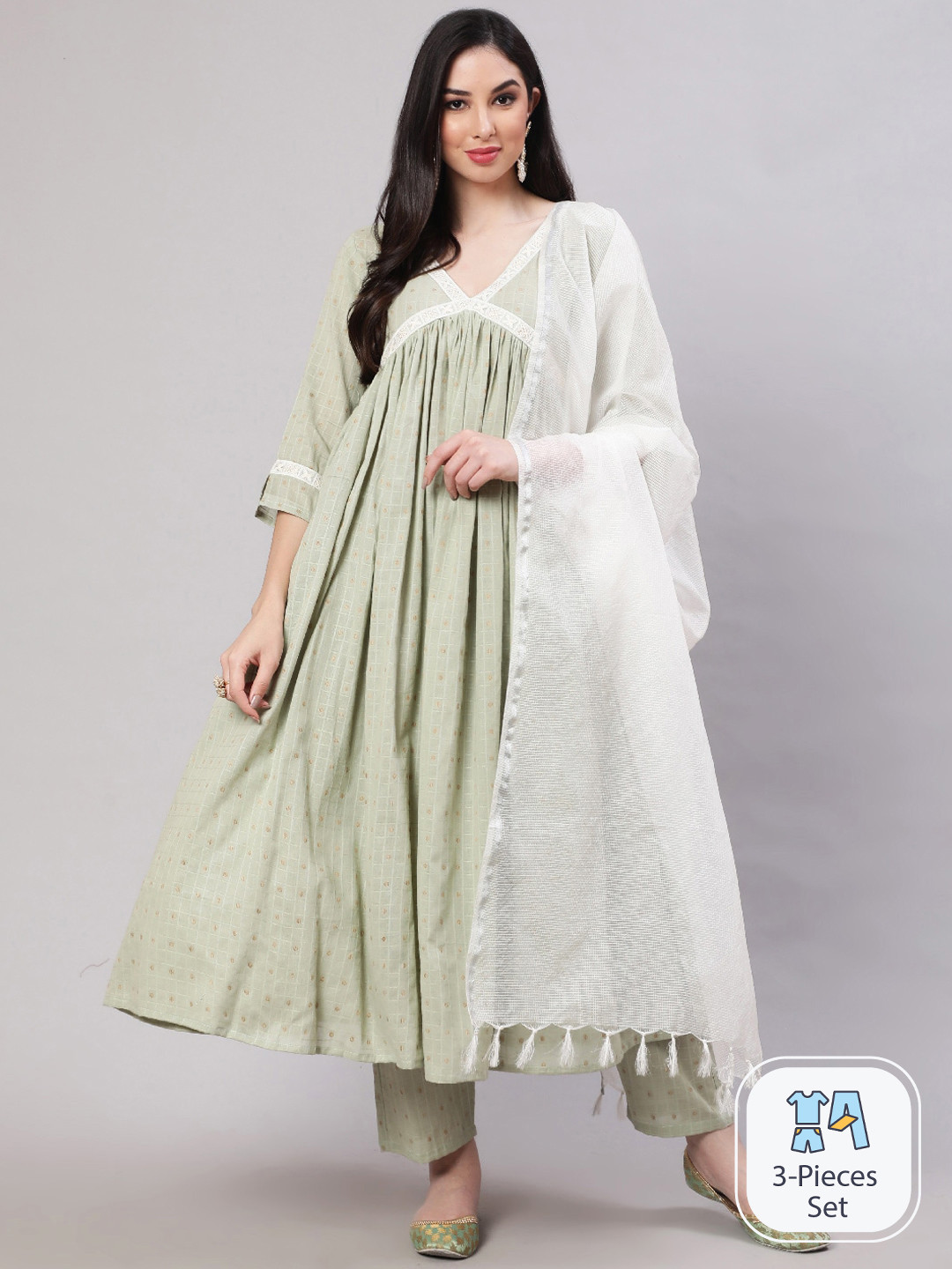 

THE NKS PLUS Polka Dots Printed Empire Pure Cotton Kurta With Trousers & Dupatta, Green