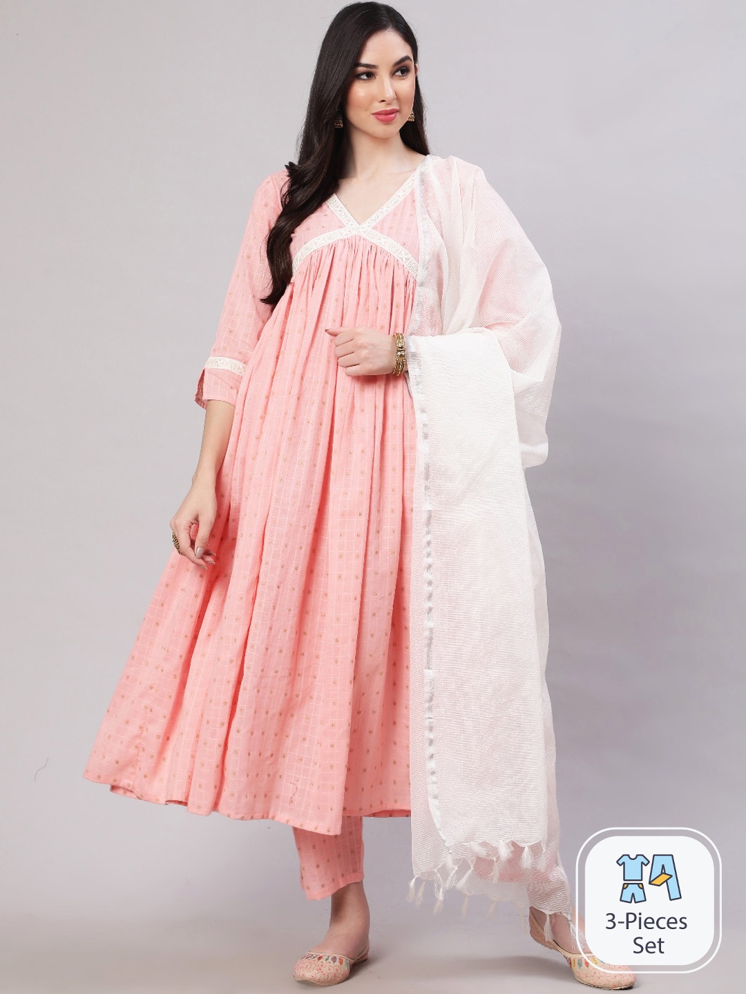 

THE NKS PLUS Ethnic Motifs Printed Empire Pure Cotton Kurta With Trousers & Dupatta, Pink