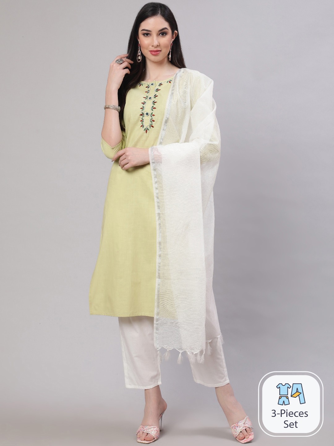 

THE NKS PLUS Ethnic Motifs Embroidered Pure Cotton Kurta With Trousers & Dupatta, Yellow