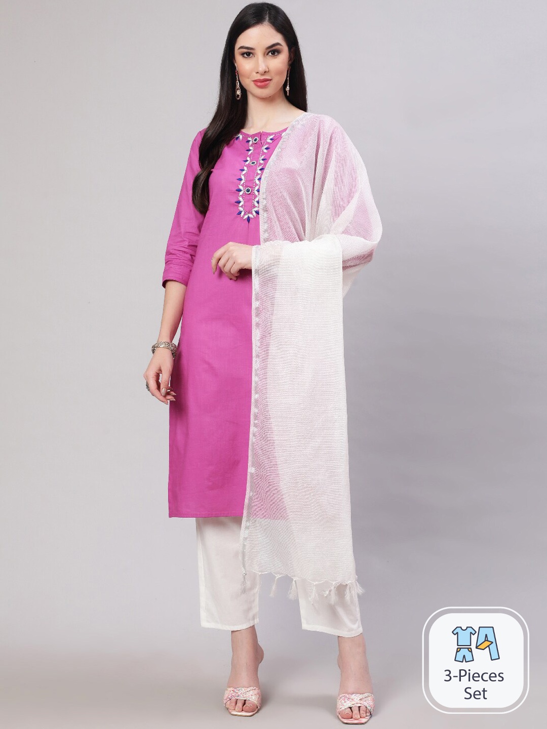 

THE NKS PLUS Ethnic Motifs Embroidered Pure Cotton Kurta With Trousers & Dupatta, Purple