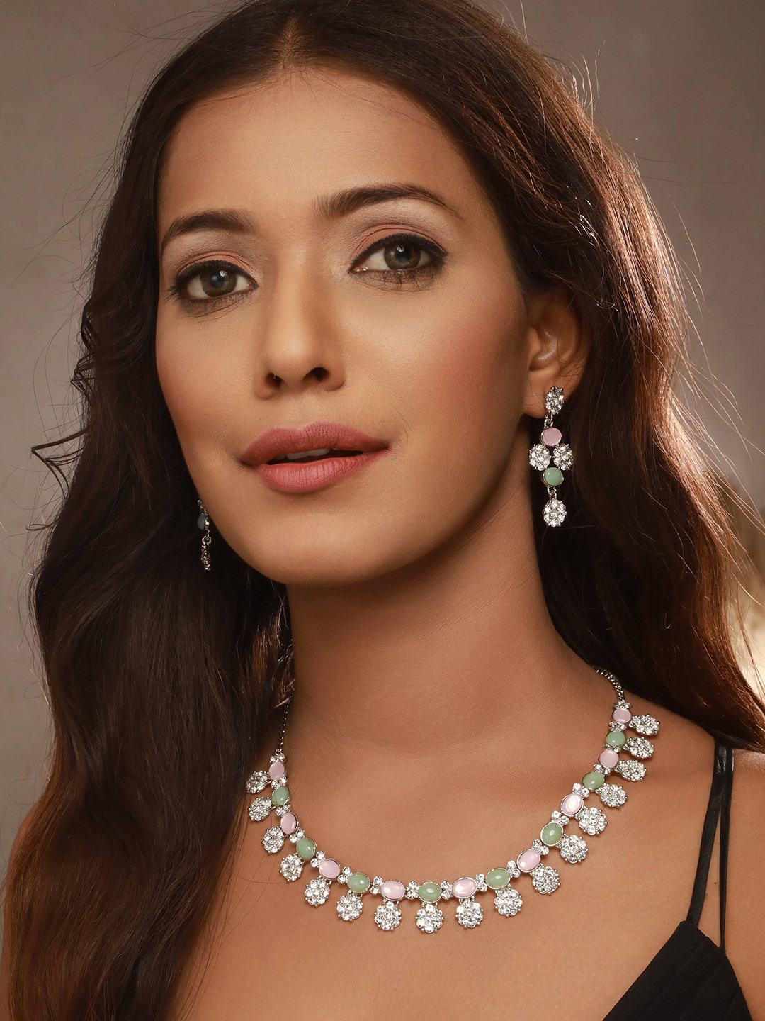 

Anouk Rhodium-Plated American Diamond-Studded Jewellery Set, Silver