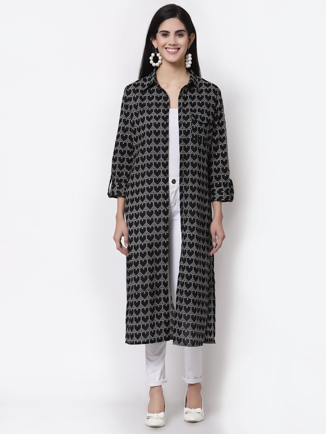 

LARGISH Geometric Printed Cotton Longline Shrug, Black