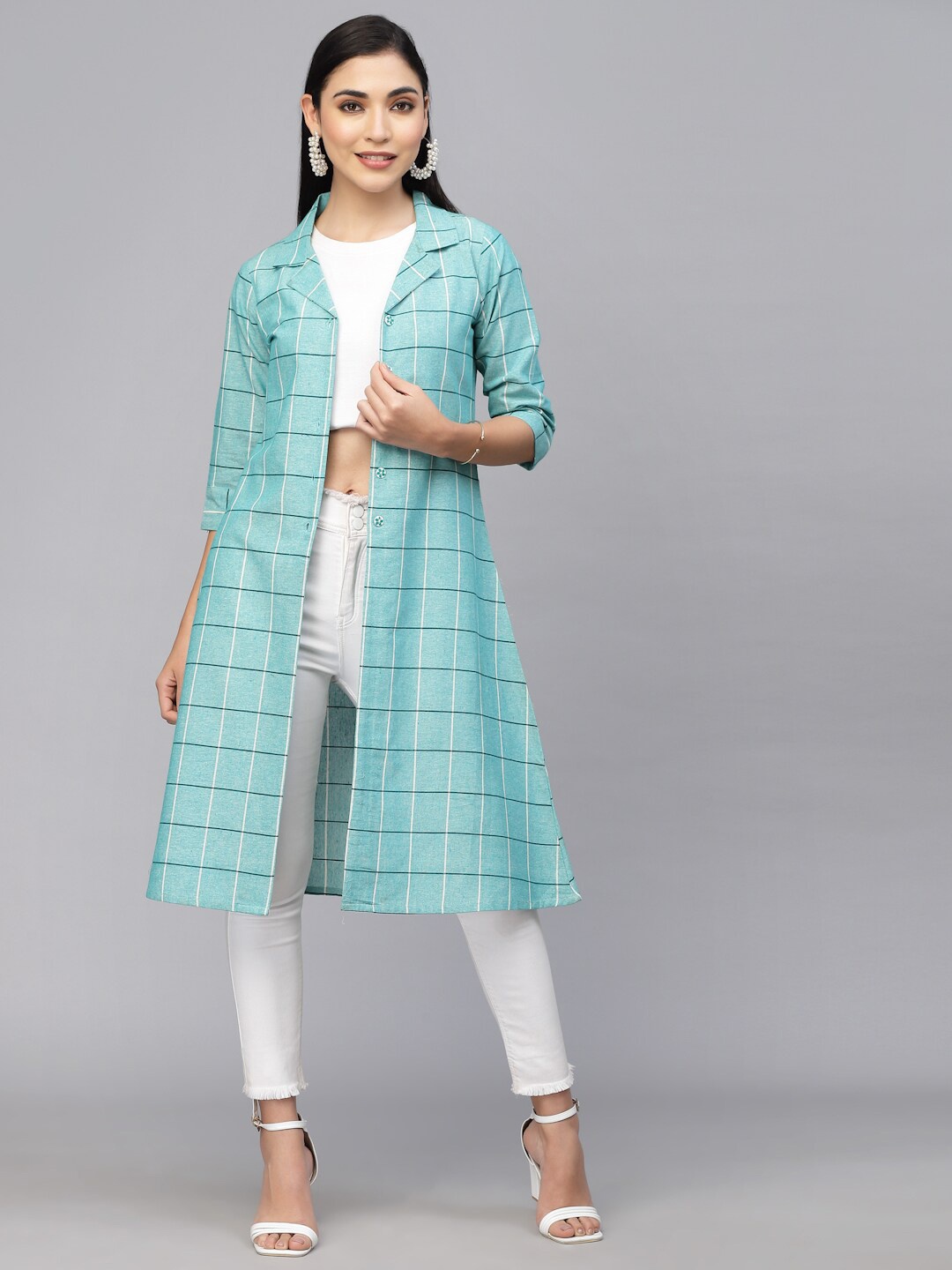 

LARGISH Checked Cotton Longline Shrug, Green