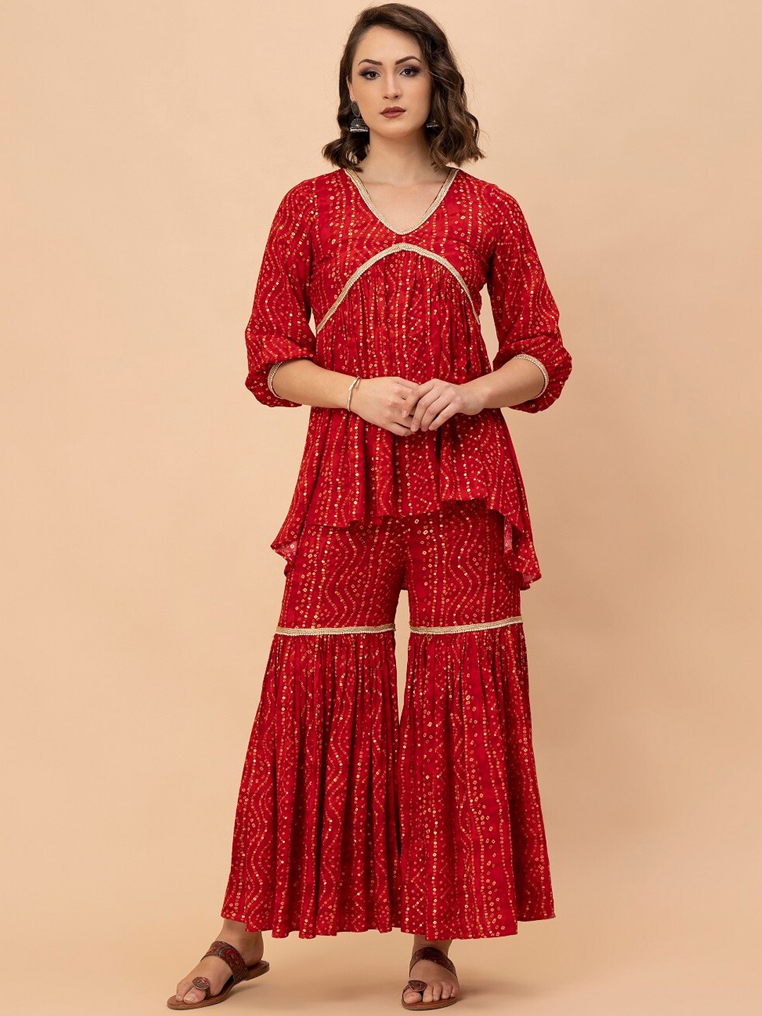 

MILU MADAN Bandhani Printed Gotta Patti Pure Cotton Kurti With Sharara, Red