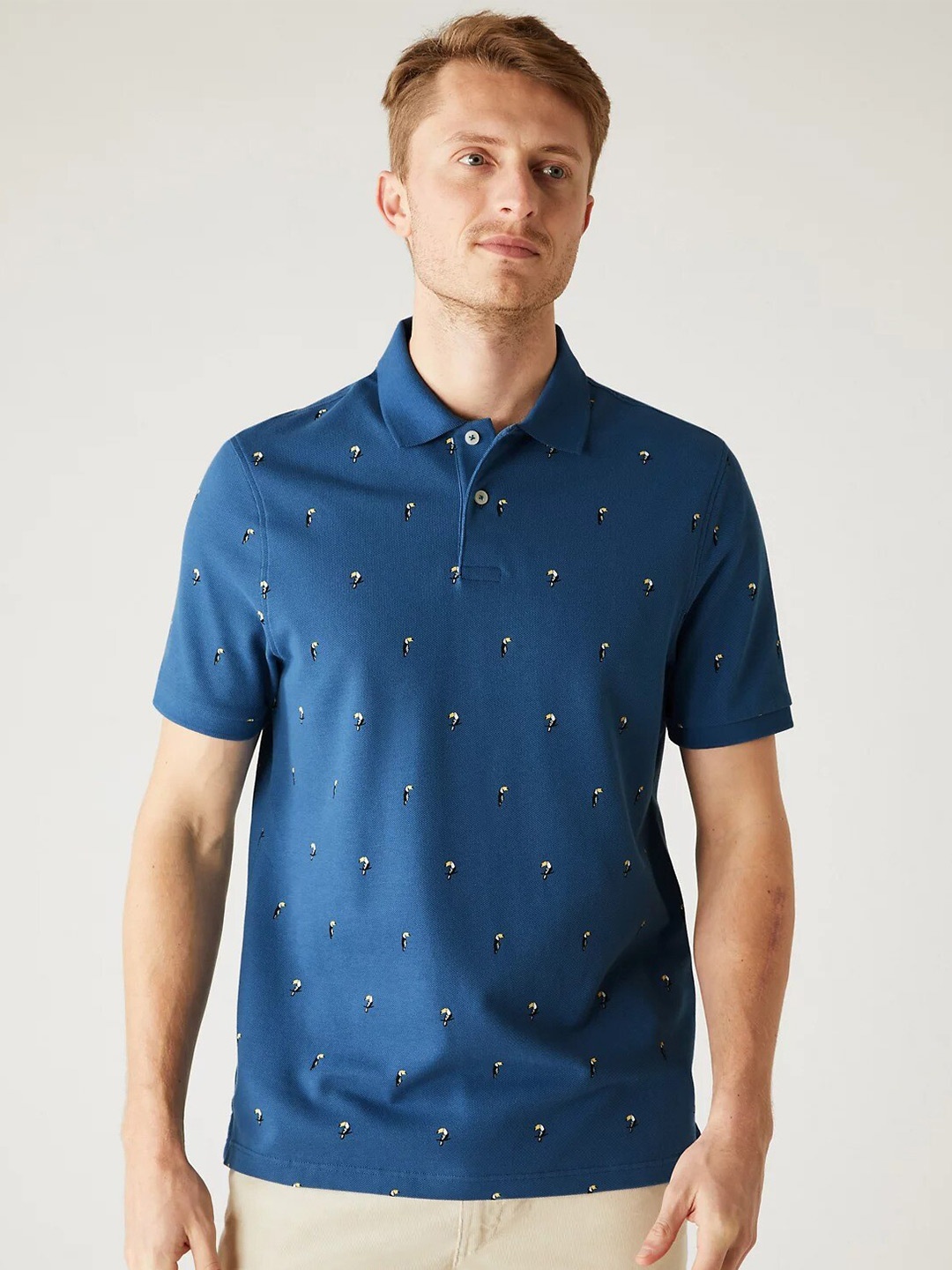 

Marks & Spencer Conversational Printed Polo Collar Pure Cotton T-shirt, Blue