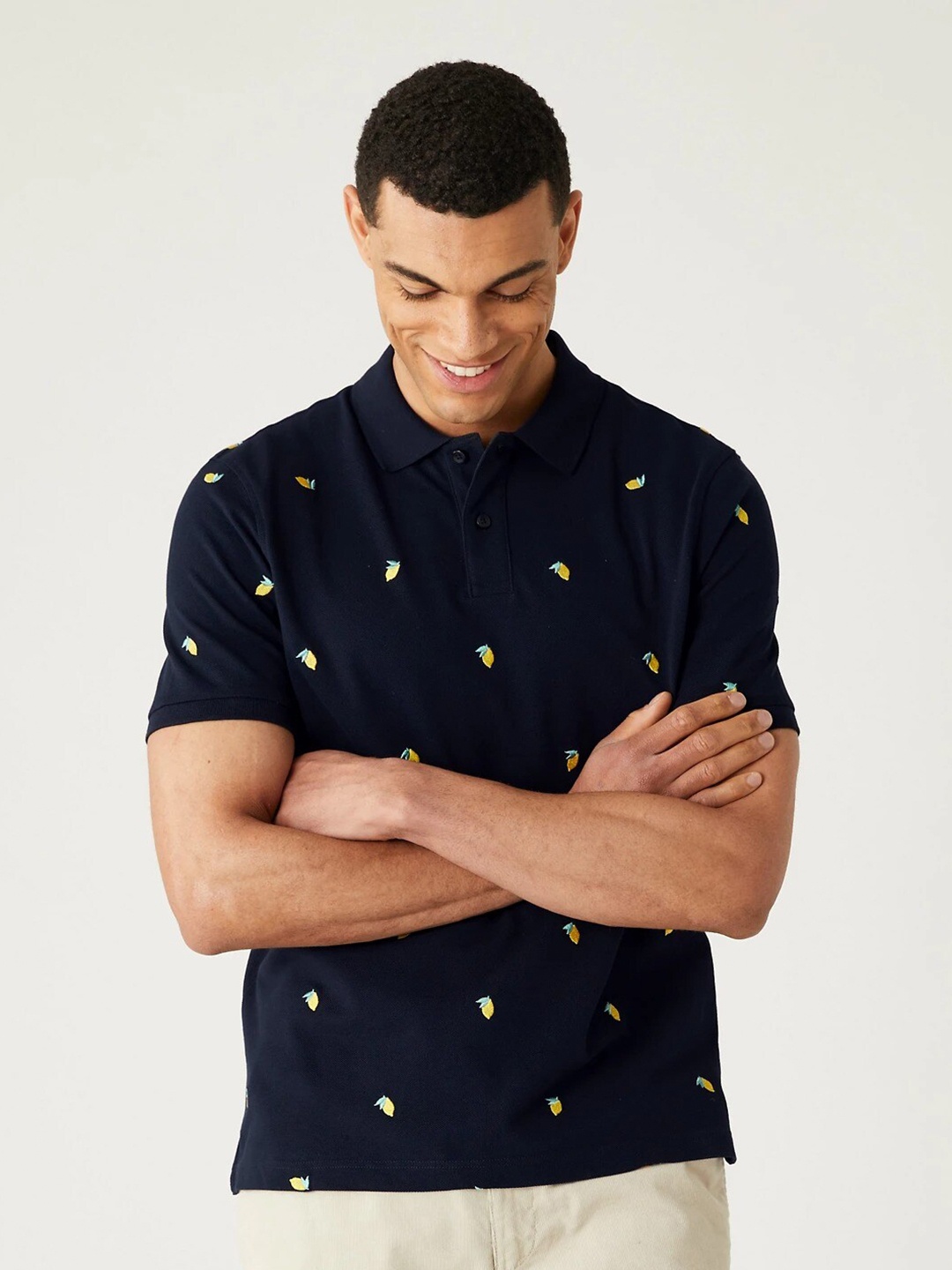 

Marks & Spencer Conversational Printed Polo Collar Cotton Regular T-shirt, Navy blue