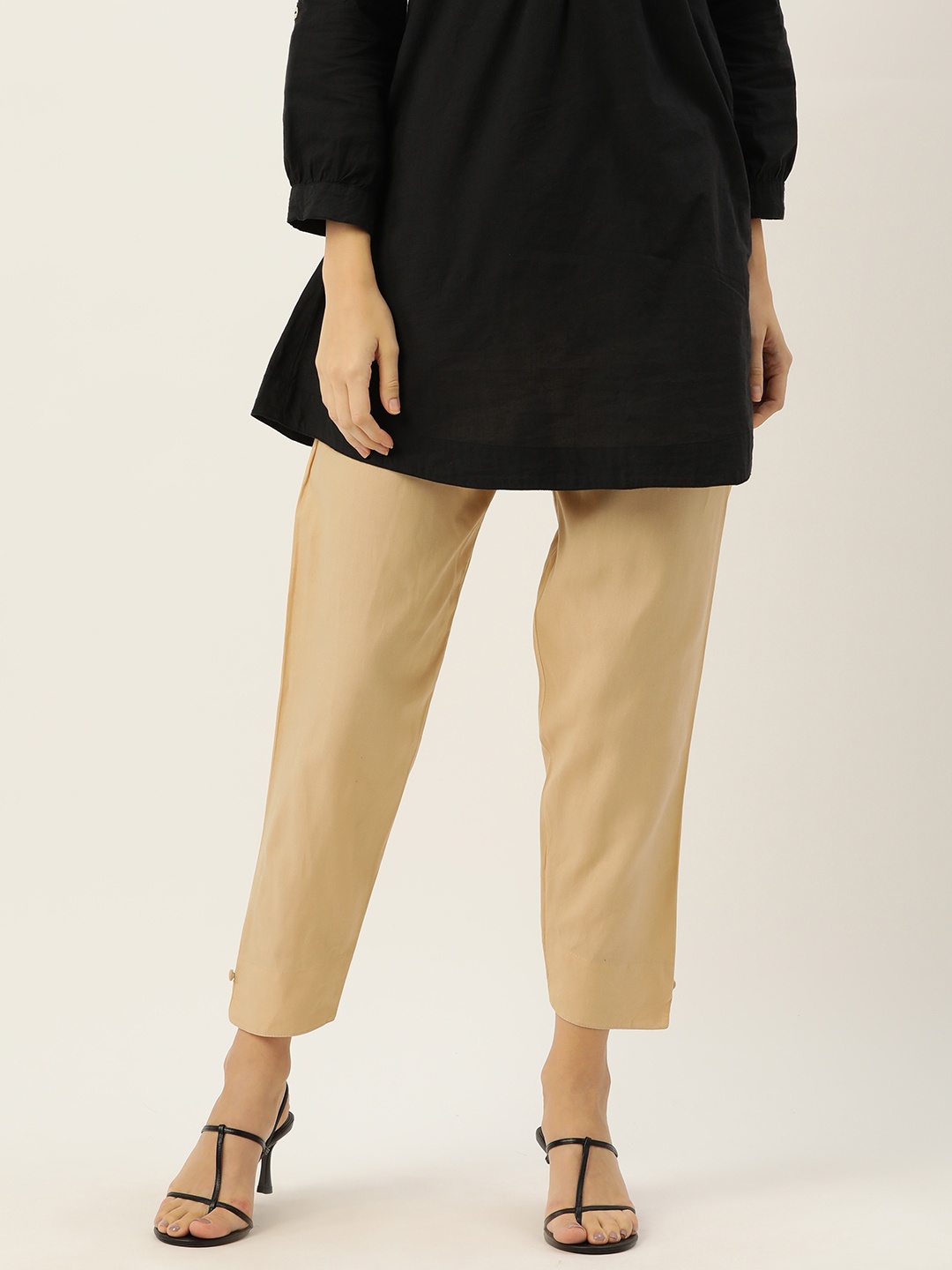 

HASRI Women Solid Pure Cotton Trousers, Beige