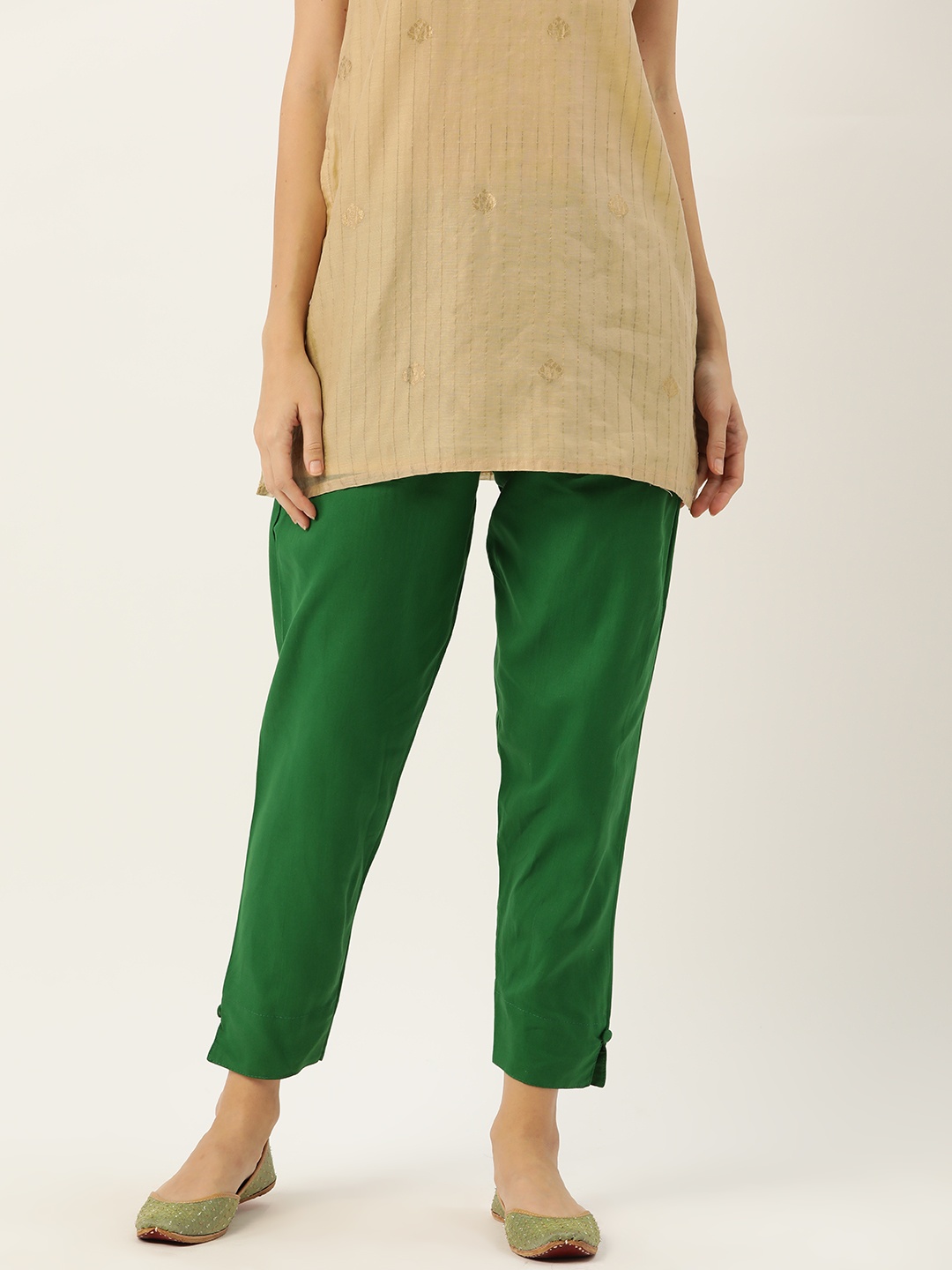 

HASRI Women Solid Pure Cotton Trousers, Green