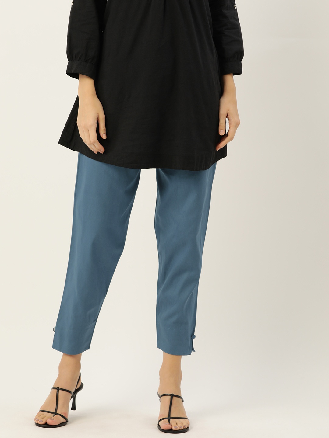

HASRI Women Solid Pure Cotton Trousers, Grey melange