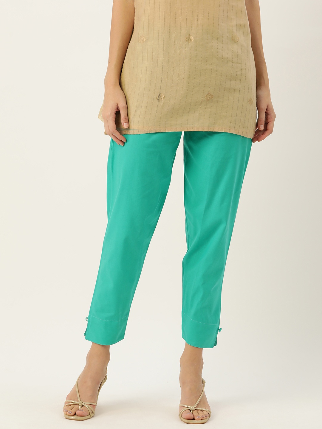 

HASRI Women Solid Pure Cotton Trousers, Sea green