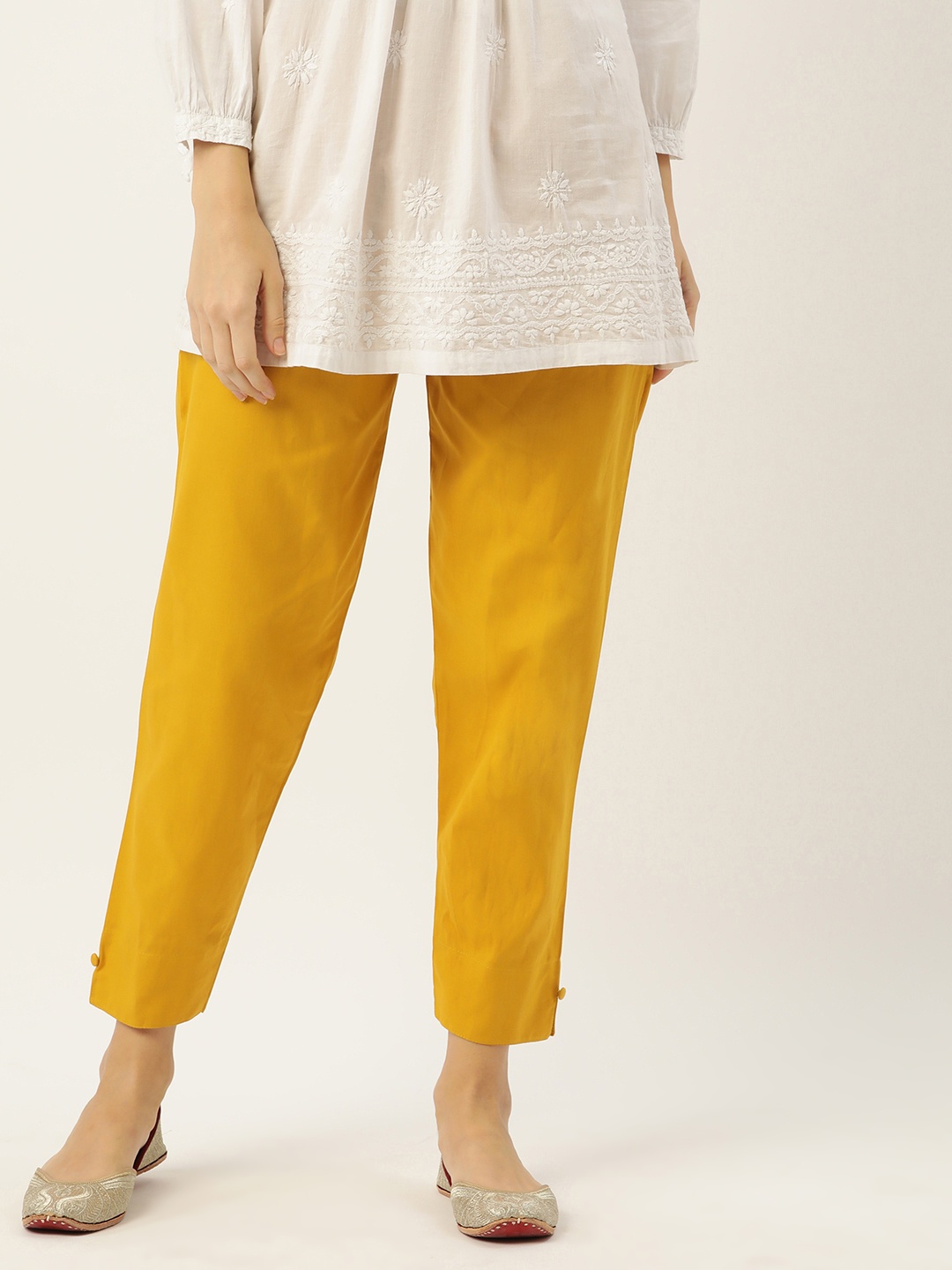 

HASRI Women Solid Pure Cotton Trousers, Mustard