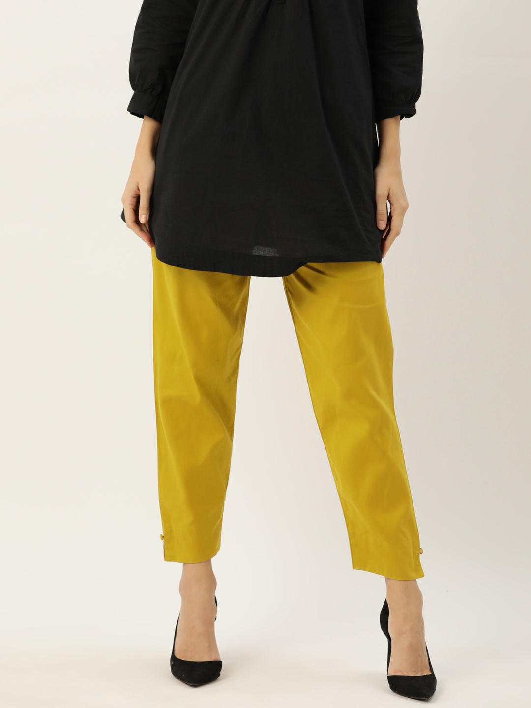 

HASRI Women Solid Pure Cotton Trousers, Lime green