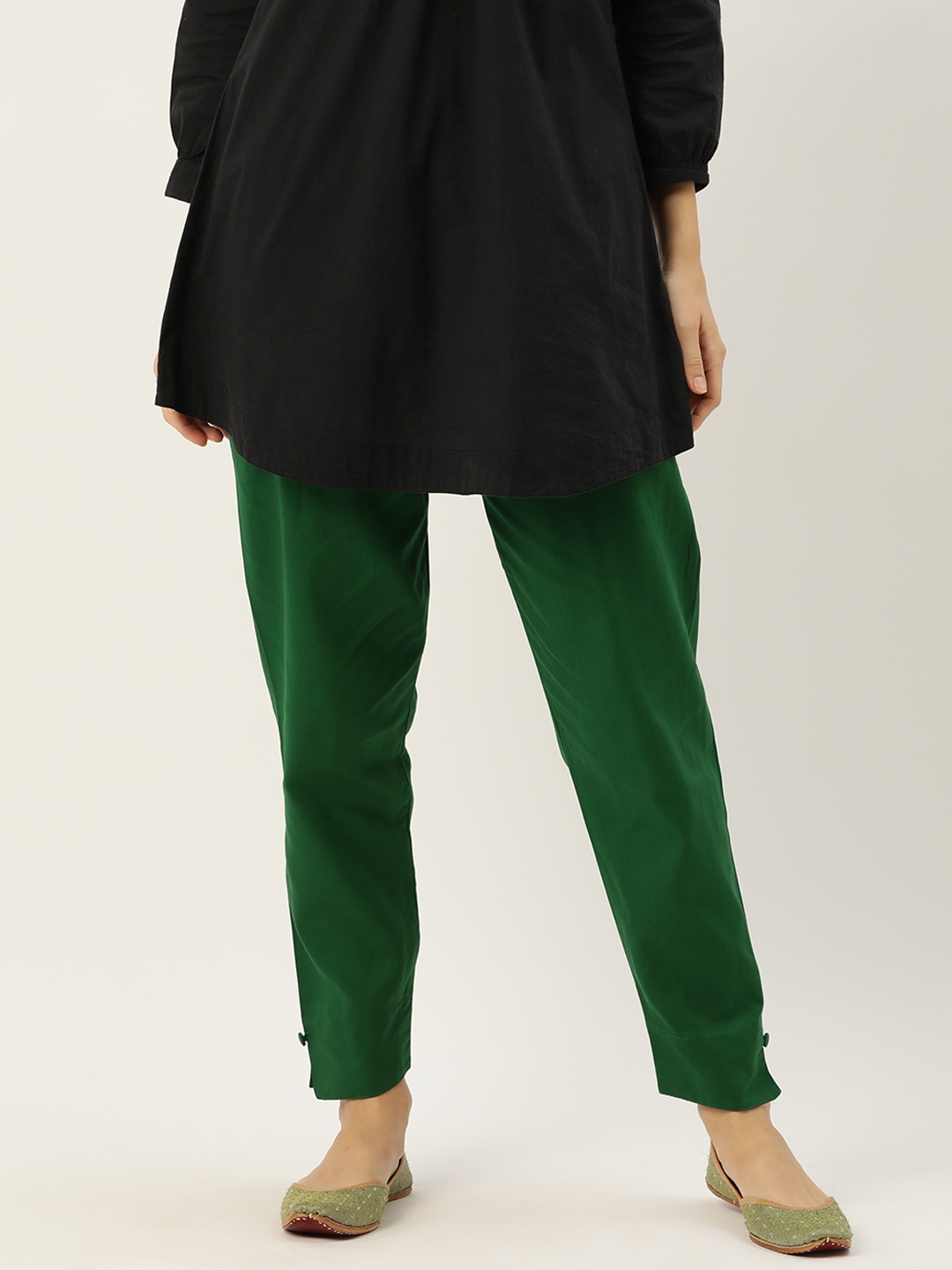 

HASRI Women Solid Pure Cotton Trousers, Green