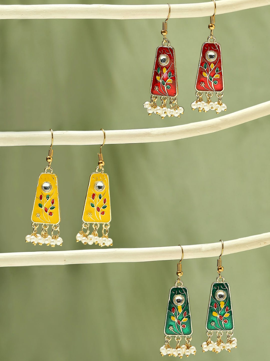 

OOMPH Set Of 3 Meenakari Drop Earrings, Red