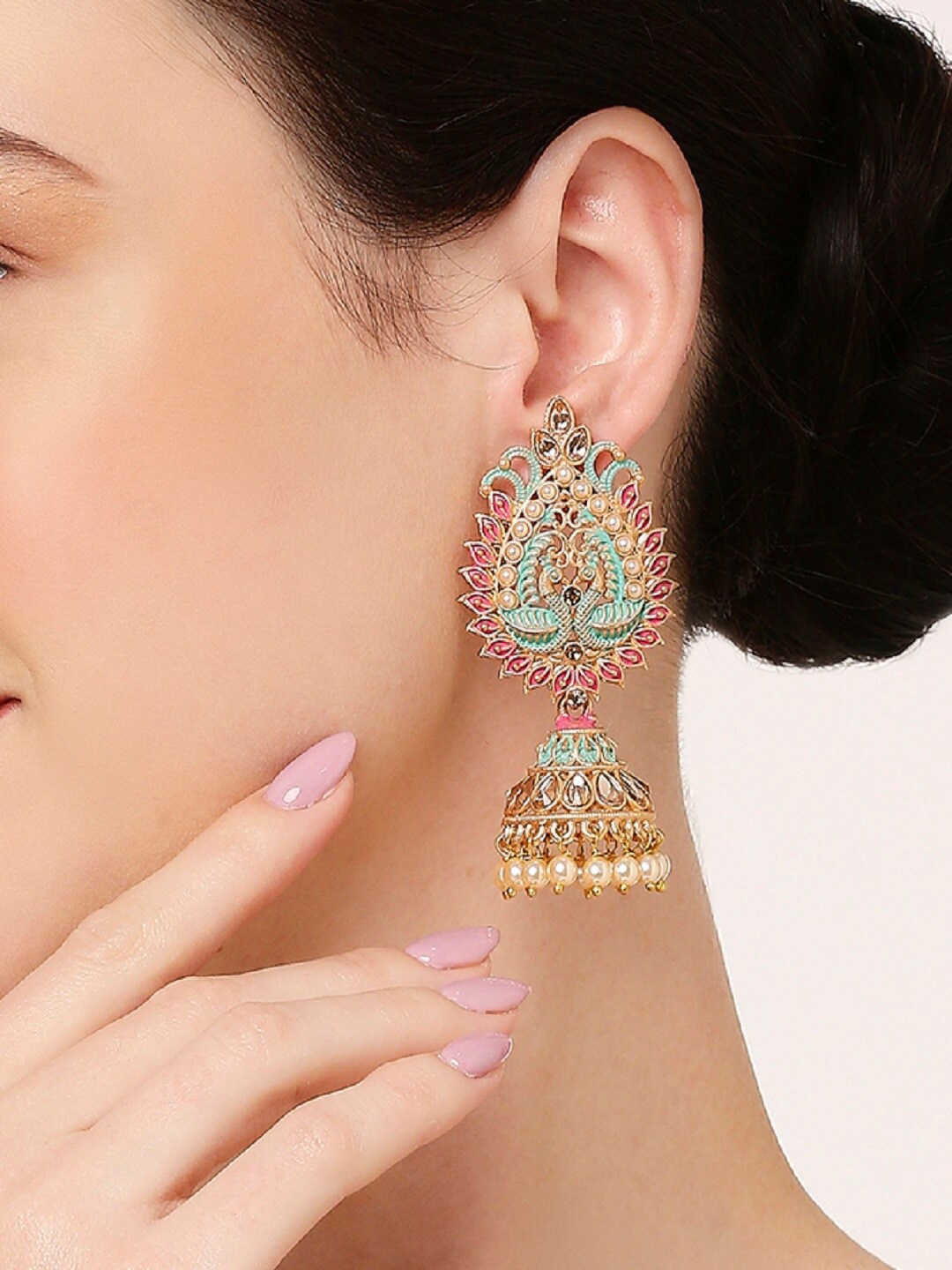 

OOMPH Meenakari Peacock Shaped Jhumkas, Green