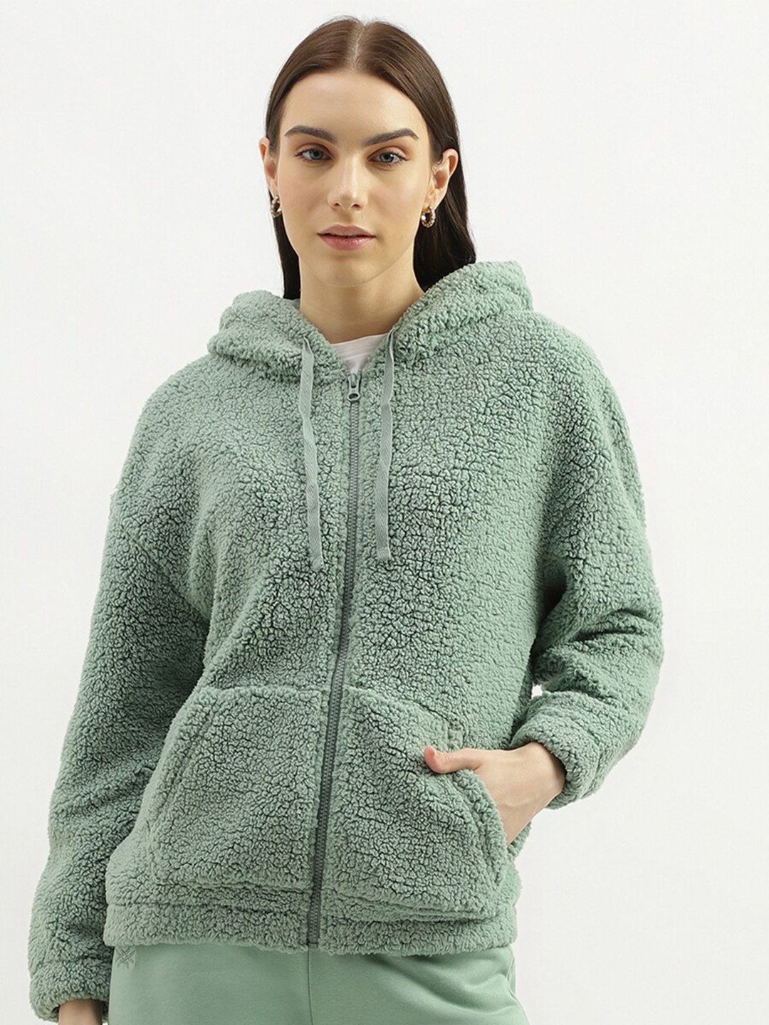 

United Colors of Benetton Self Design Hooded Front Open Sweatshirt, Green