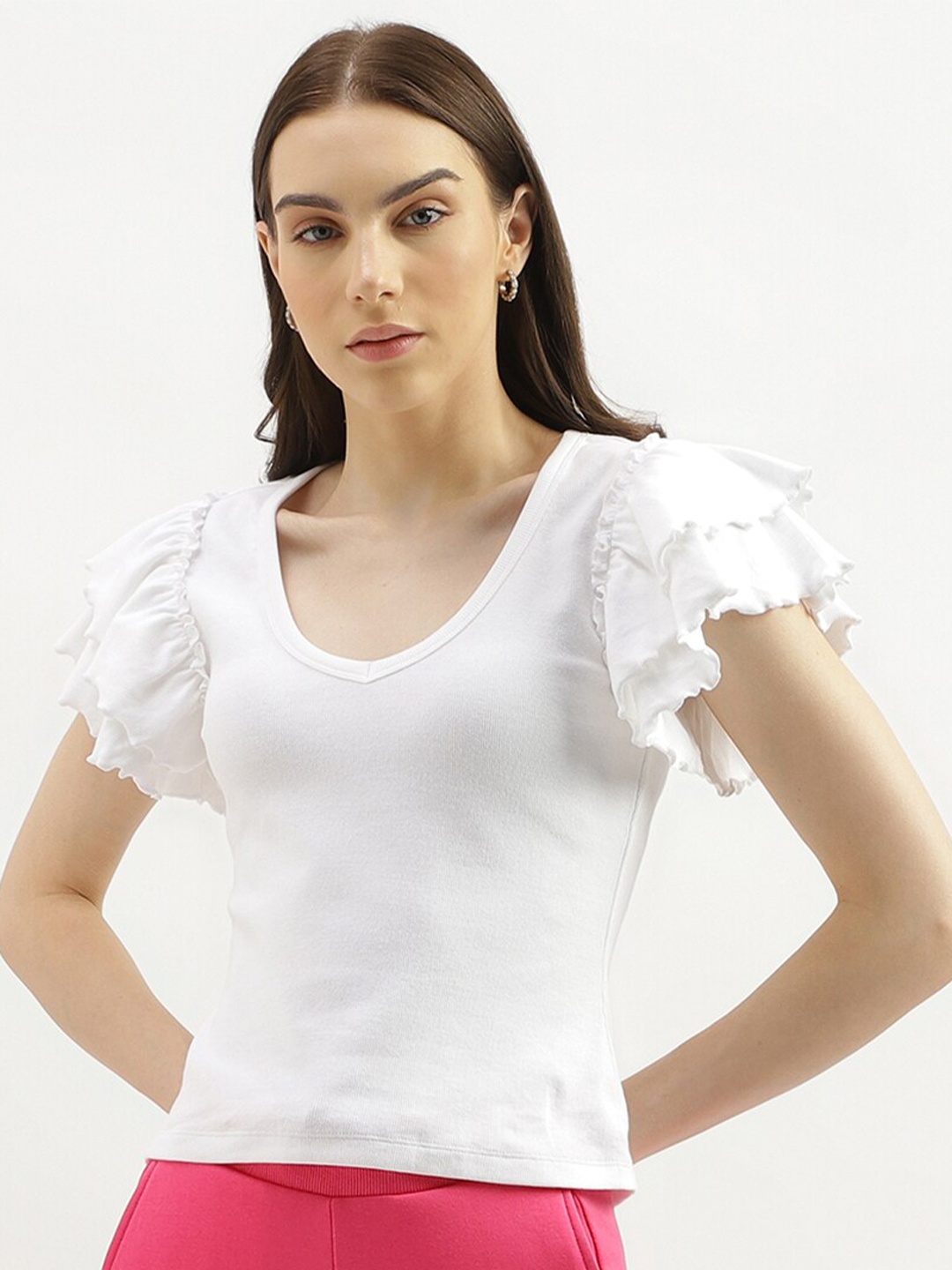 

United Colors of Benetton Scoop Neck Flutter Sleeve Top, White