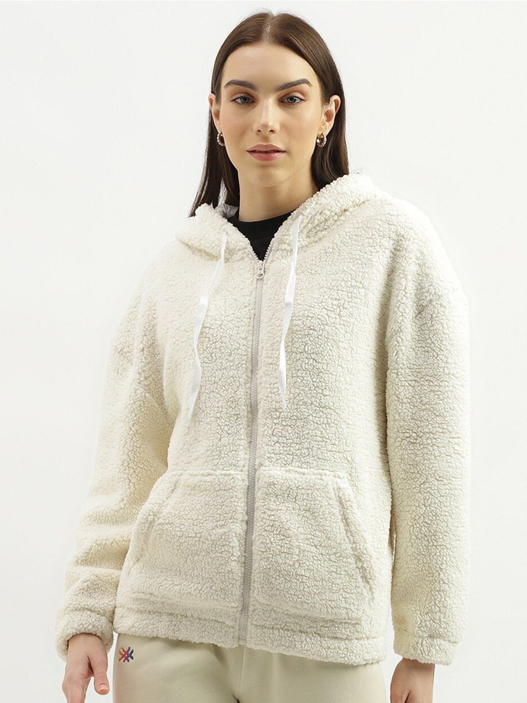 

United Colors of Benetton Front Open Hooded Sweatshirt, White