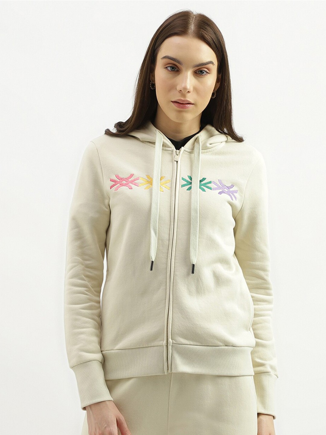 

United Colors of Benetton Front Open Hooded Sweatshirt, Cream