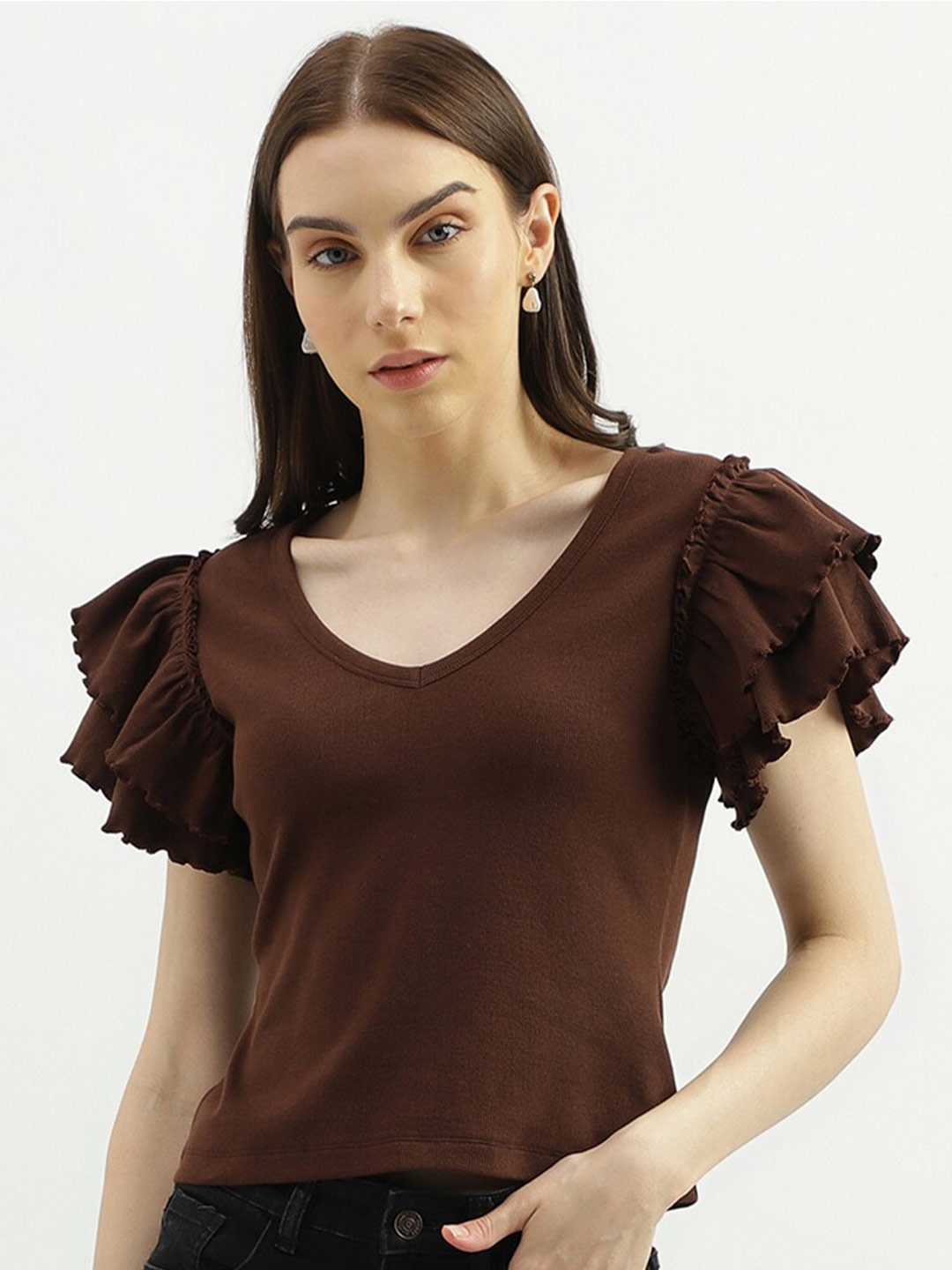

United Colors of Benetton V-Neck Flutter Sleeve Top, Brown