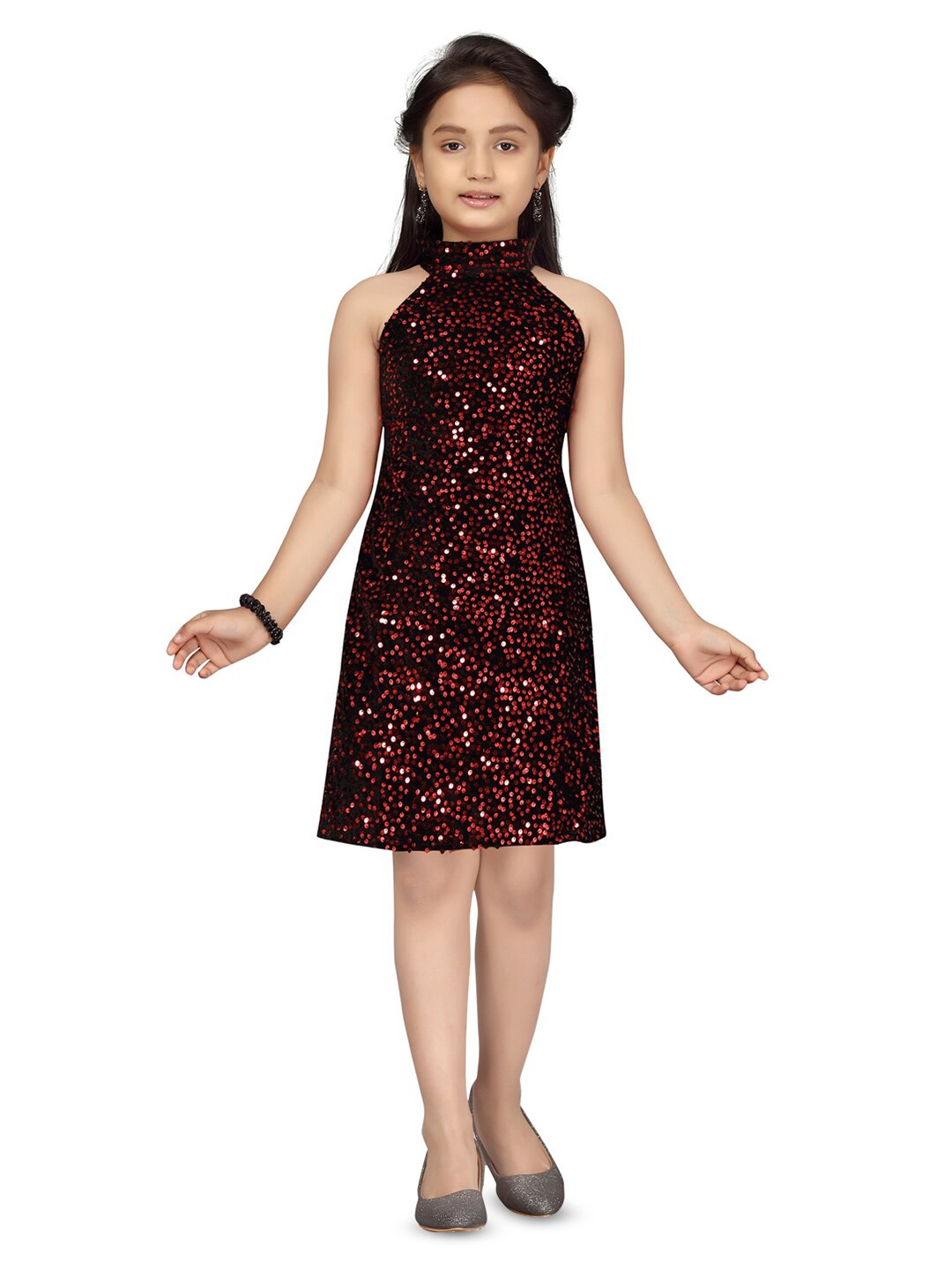 

BAESD Girls Self Design Halter Neck Tie-Ups Detail Sheath Dress, Red