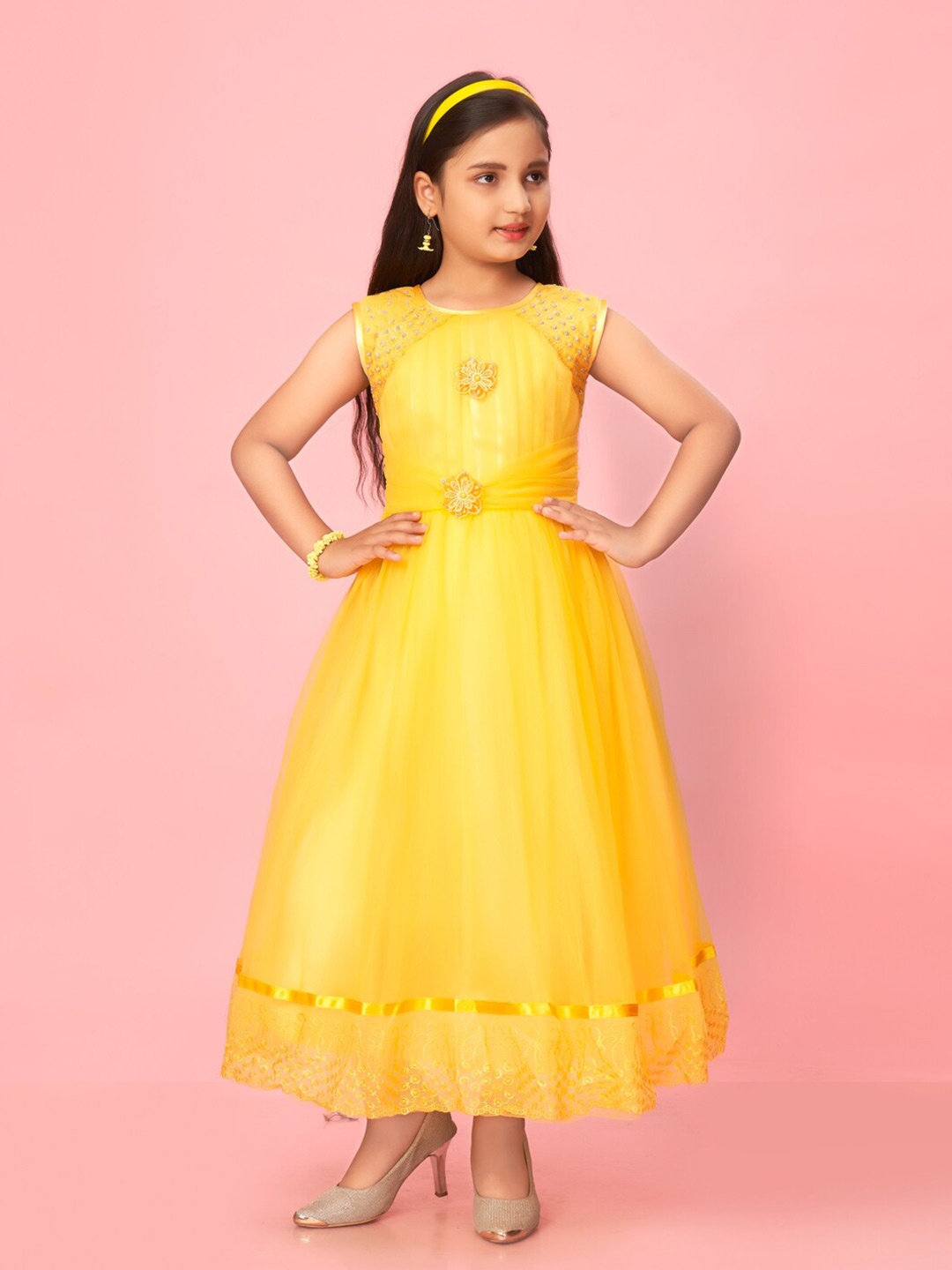 

BAESD Girls Self Design Sleeveless Fit & Flare Pleated Maxi Dress, Yellow